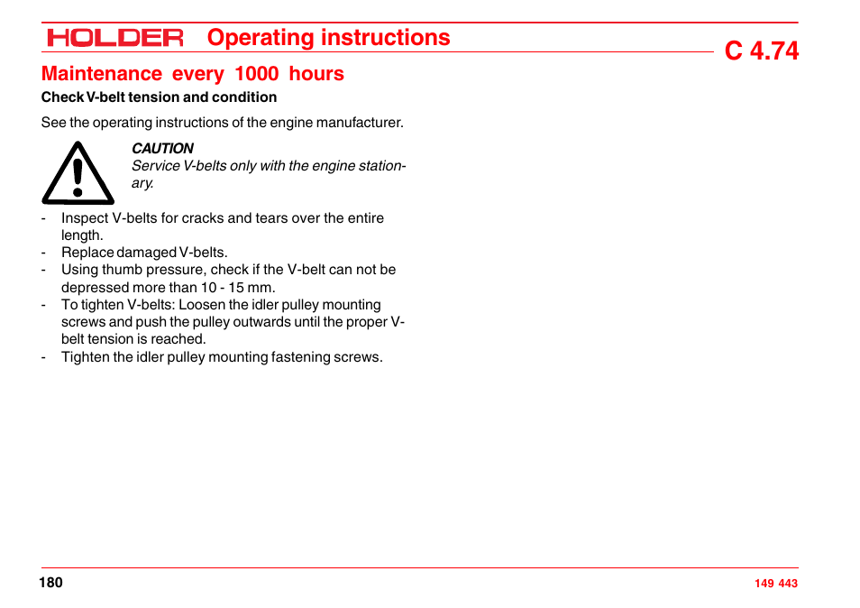 Check v-belt tension and condition, C 4.74, Operating instructions | Maintenance every 1000 hours | Holder C-Trac 4.74 User Manual | Page 181 / 211