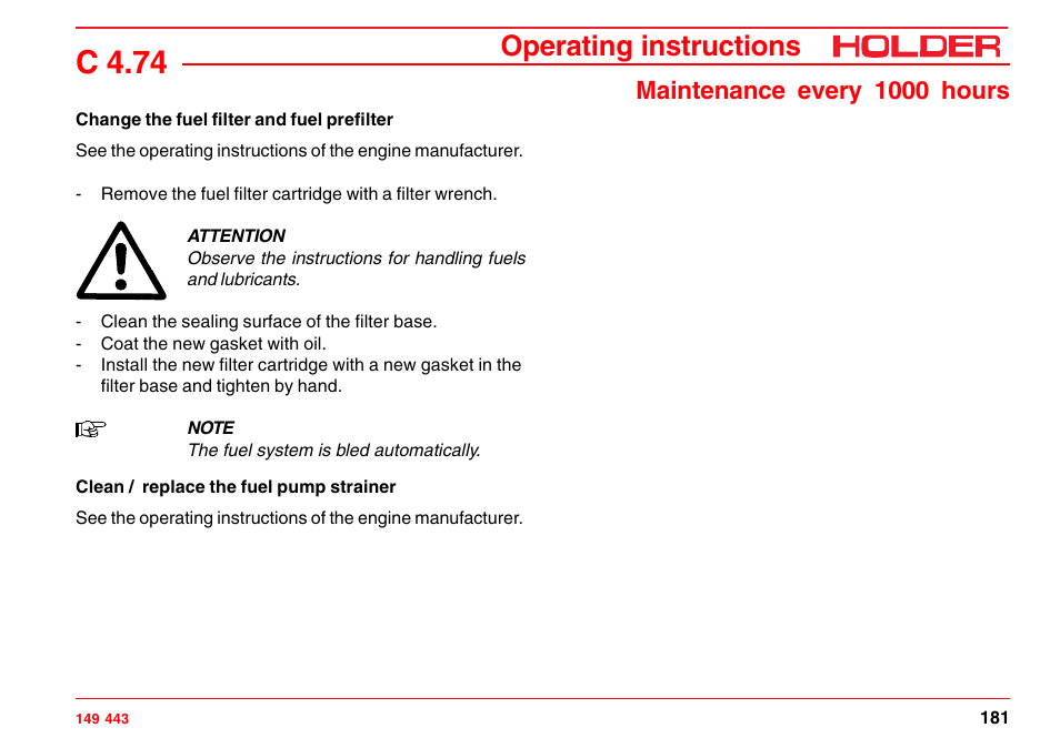 Change the fuel filter and fuel prefilter, Clean / replace the fuel pump strainer, C 4.74 | Operating instructions, Maintenance every 1000 hours | Holder C-Trac 4.74 User Manual | Page 182 / 211