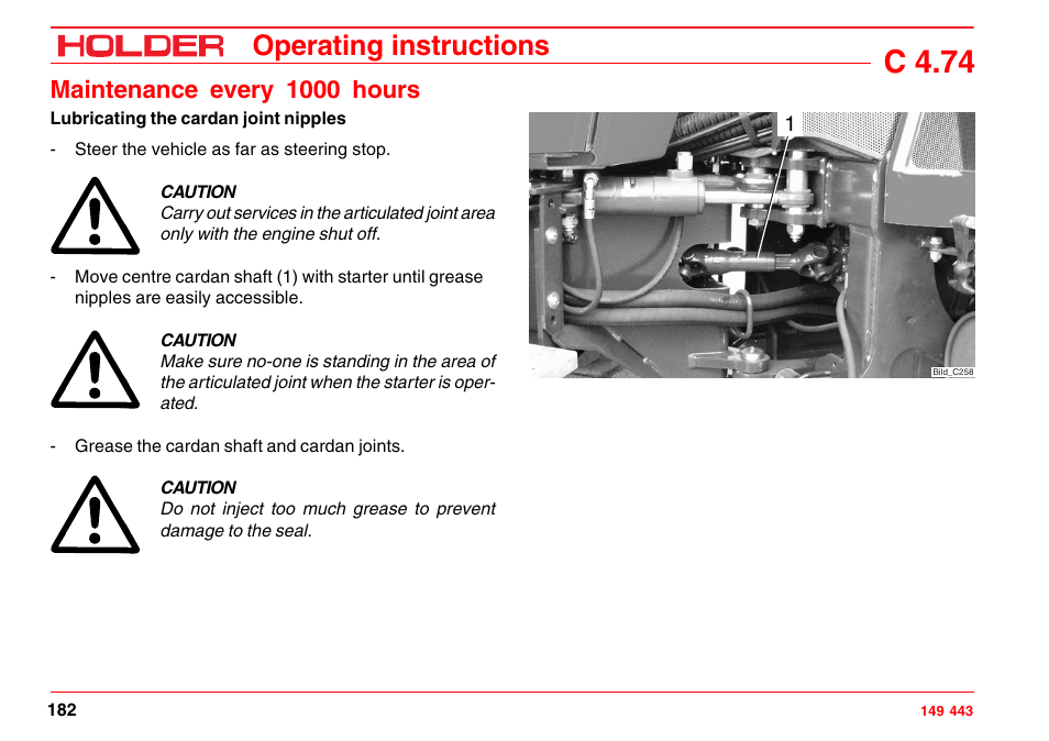 Lubricating the cardan joint nipples, C 4.74, Operating instructions | Maintenance every 1000 hours | Holder C-Trac 4.74 User Manual | Page 183 / 211