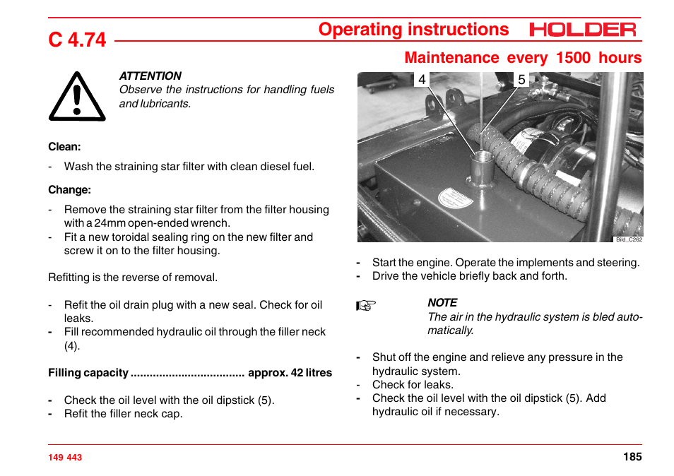 C 4.74, Operating instructions, Maintenance every 1500 hours | Holder C-Trac 4.74 User Manual | Page 186 / 211
