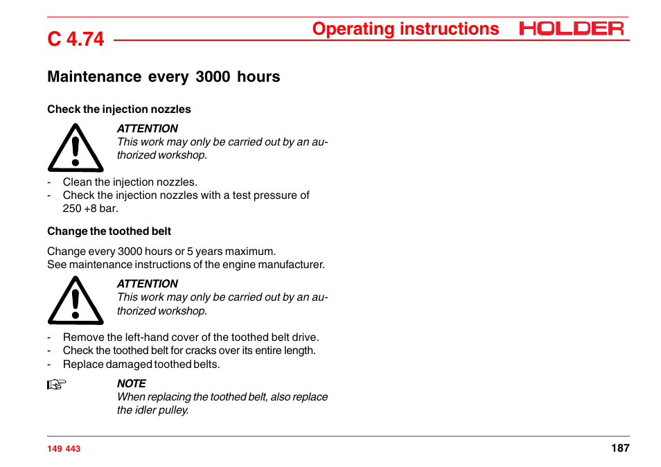 Change the toothed belt, Check the injection nozzles, Maintenance every 3000 hours | C 4.74, Operating instructions | Holder C-Trac 4.74 User Manual | Page 188 / 211