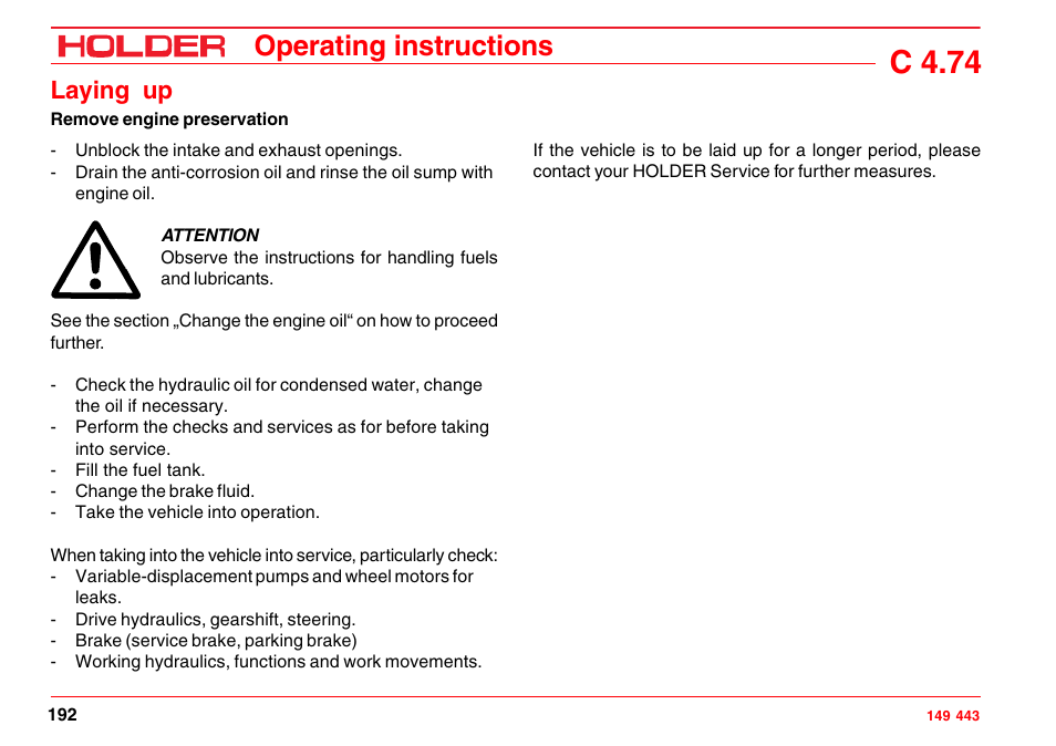 Remove engine preservation, C 4.74, Operating instructions | Laying up | Holder C-Trac 4.74 User Manual | Page 193 / 211