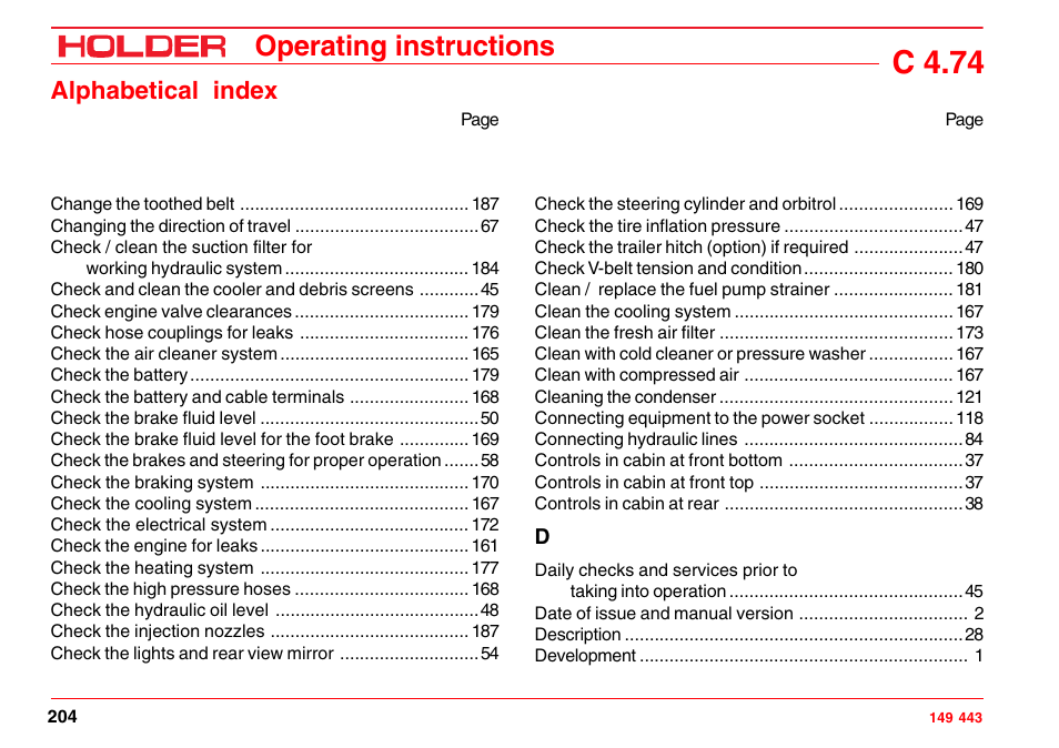 C 4.74, Operating instructions, Alphabetical index | Holder C-Trac 4.74 User Manual | Page 205 / 211