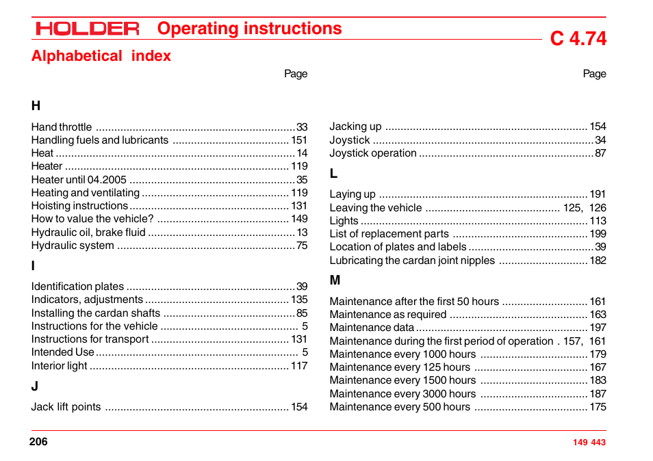 C 4.74, Operating instructions, Alphabetical index | Holder C-Trac 4.74 User Manual | Page 207 / 211