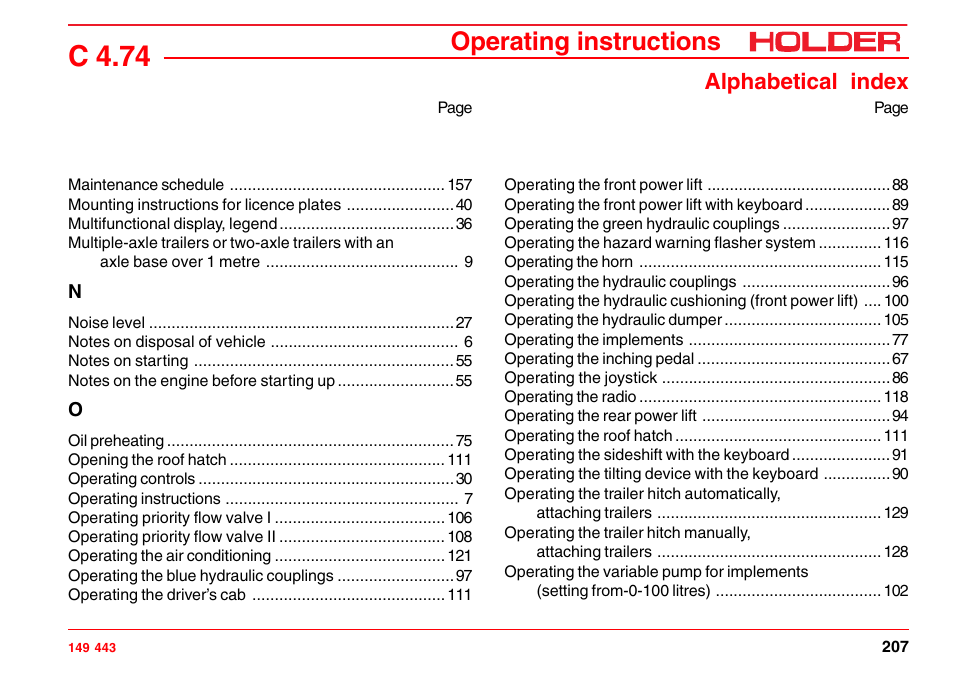 C 4.74, Operating instructions, Alphabetical index | Holder C-Trac 4.74 User Manual | Page 208 / 211