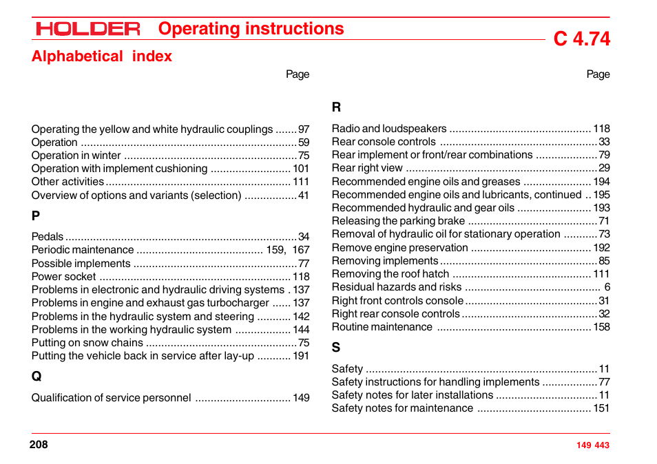 C 4.74, Operating instructions, Alphabetical index | Holder C-Trac 4.74 User Manual | Page 209 / 211
