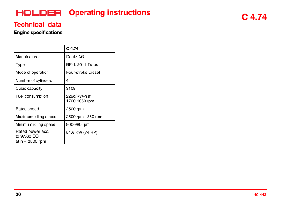 Theoretical driving speeds, C 4.74, Operating instructions | Technical data | Holder C-Trac 4.74 User Manual | Page 21 / 211