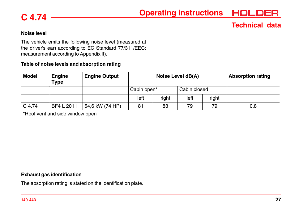 Description, Front left view, Vehicle | C 4.74, Operating instructions, Technical data | Holder C-Trac 4.74 User Manual | Page 28 / 211