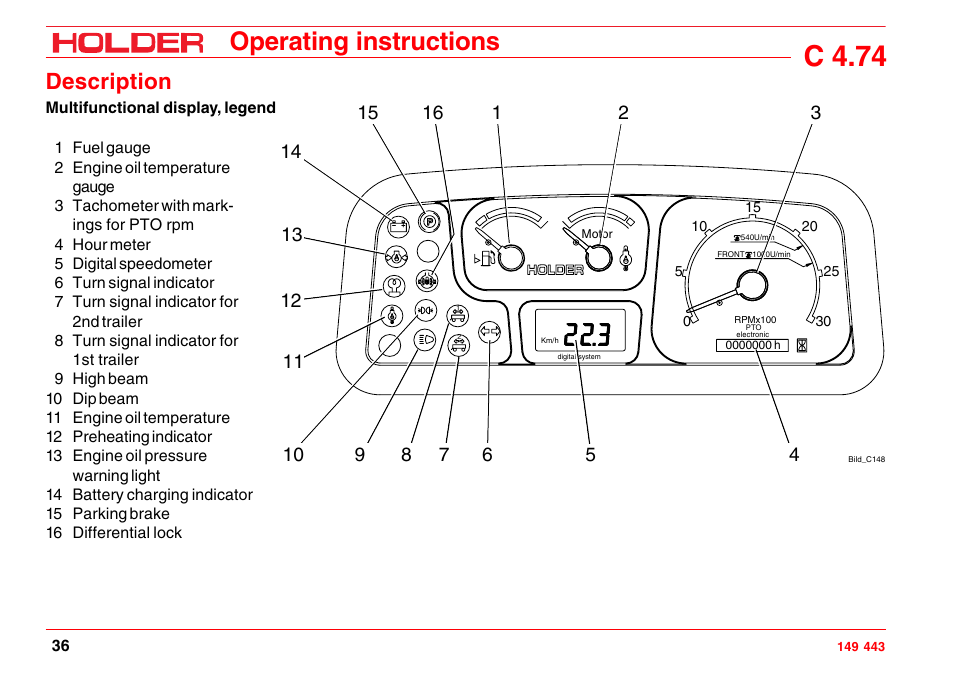 Controls in cabin at front bottom, Controls in cabin at front top, C 4.74 | Operating instructions, Description | Holder C-Trac 4.74 User Manual | Page 37 / 211