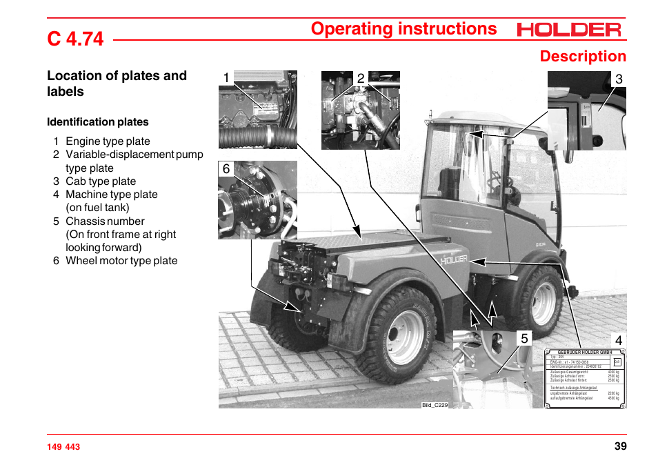Mounting instructions for licence plates, C 4.74, Operating instructions | Description, Location of plates and labels | Holder C-Trac 4.74 User Manual | Page 40 / 211