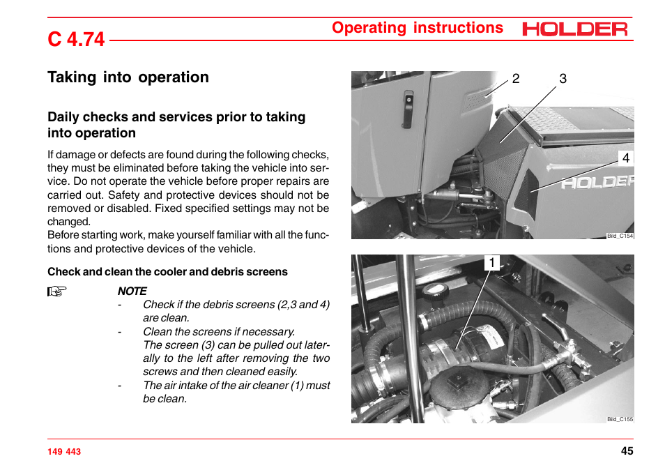 Turn on the battery isolating switch, C 4.74, Operating instructions taking into operation | Holder C-Trac 4.74 User Manual | Page 46 / 211