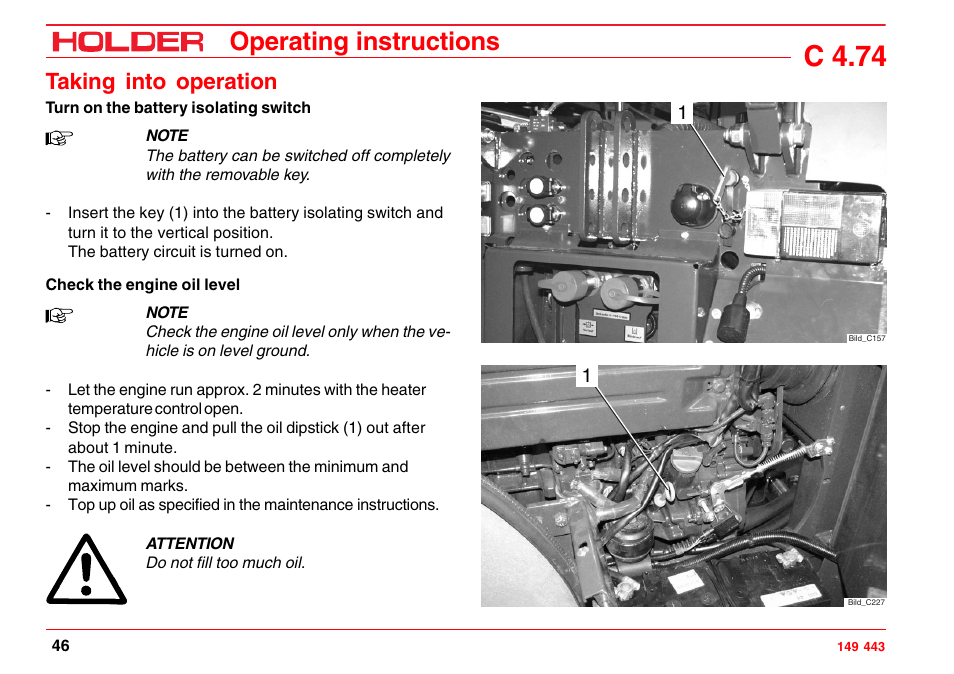 Check the tire inflation pressure, Check the trailer hitch (option) if required, C 4.74 | Operating instructions, Taking into operation | Holder C-Trac 4.74 User Manual | Page 47 / 211