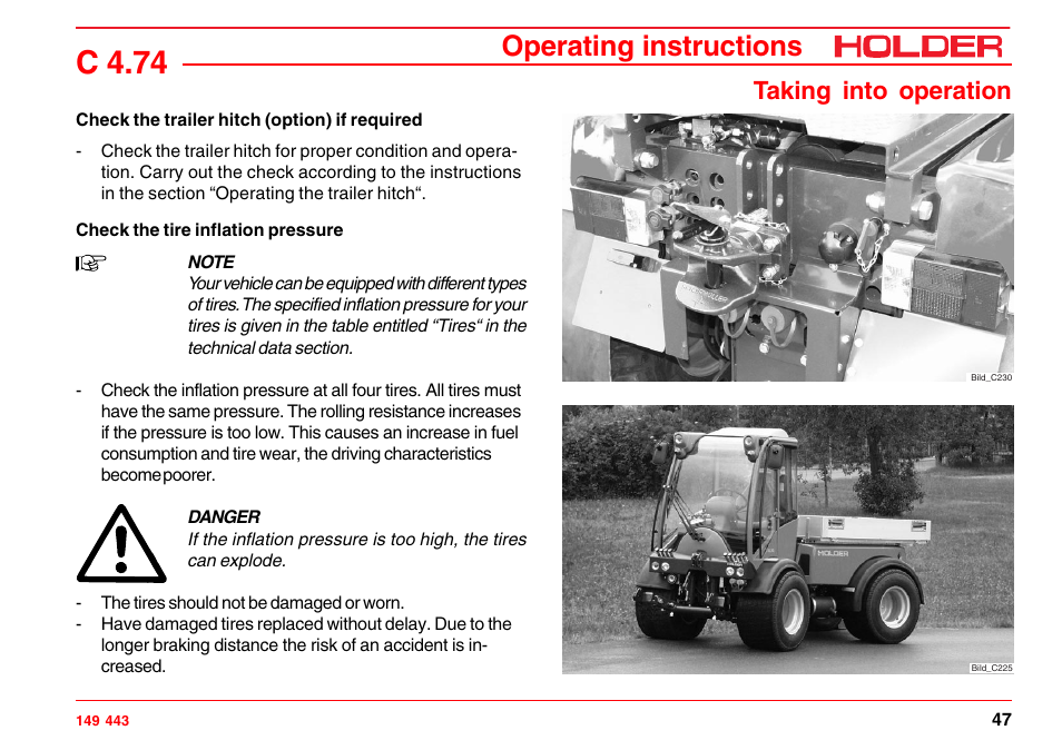 Check the hydraulic oil level, C 4.74, Operating instructions | Taking into operation | Holder C-Trac 4.74 User Manual | Page 48 / 211