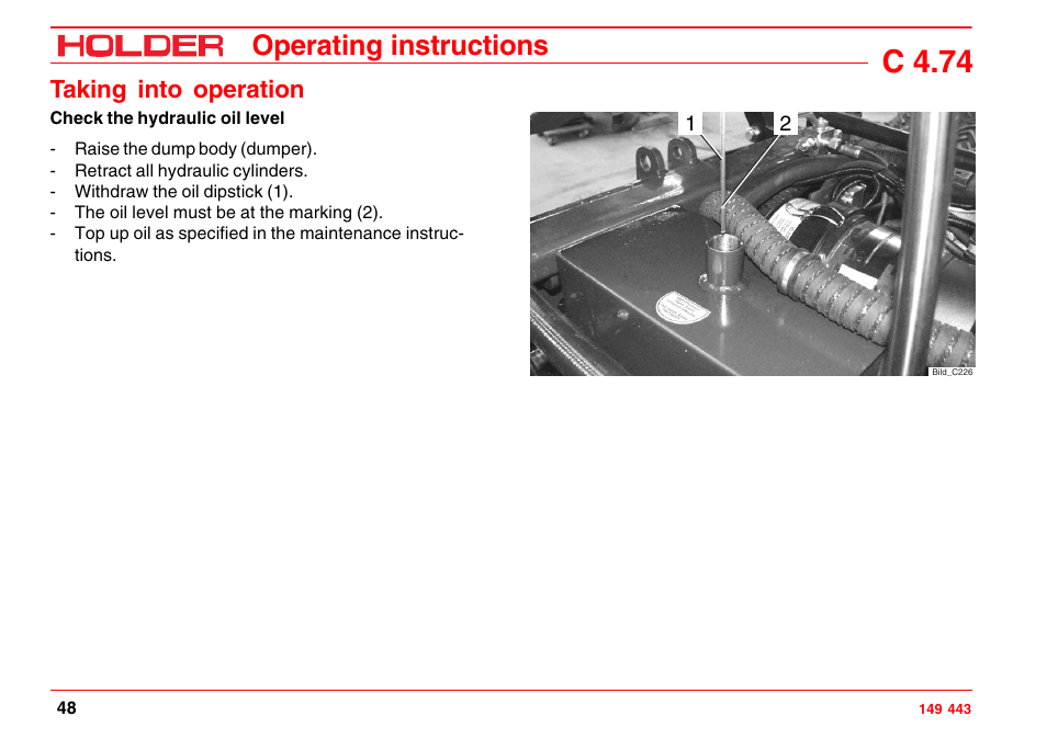 Filling fuel, C 4.74, Operating instructions | Taking into operation | Holder C-Trac 4.74 User Manual | Page 49 / 211