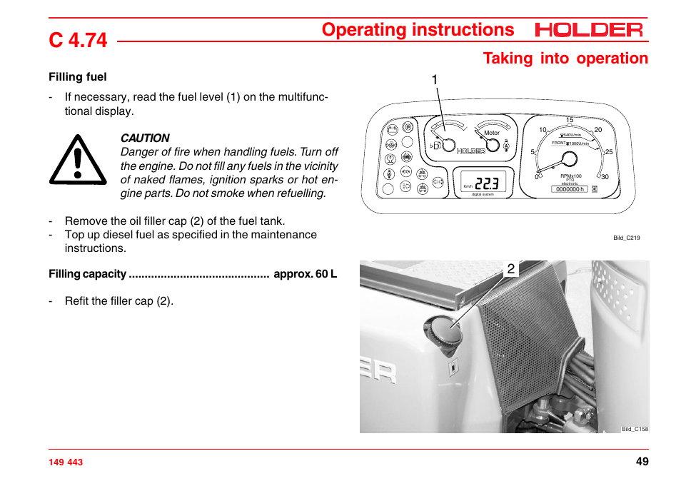 Adjust the steering wheel, Check the brake fluid level, C 4.74 | Operating instructions, Taking into operation | Holder C-Trac 4.74 User Manual | Page 50 / 211