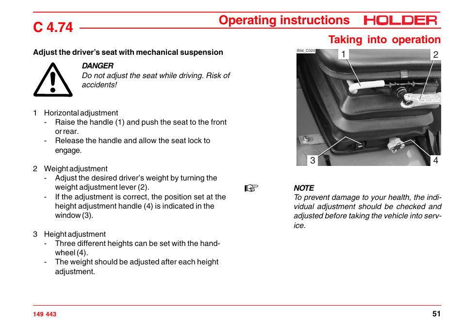Adjusting the backrest inclination, Adjusting the lumbar padding, C 4.74 | Operating instructions, Taking into operation | Holder C-Trac 4.74 User Manual | Page 52 / 211