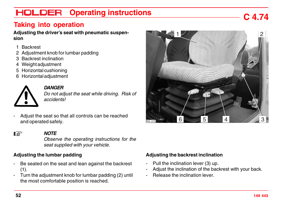 Adjusting the driver's weight, Adjusting the horizontal suspension, Adjusting the seat horizontally | C 4.74, Operating instructions, Taking into operation | Holder C-Trac 4.74 User Manual | Page 53 / 211