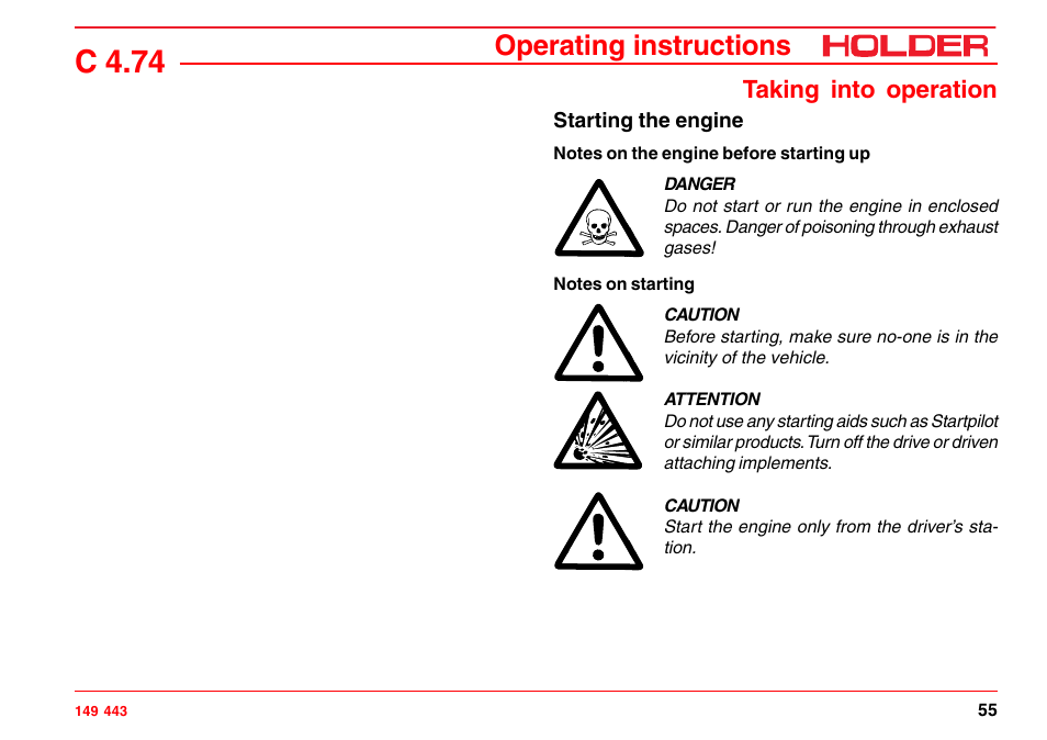 Start the engine, C 4.74, Operating instructions | Taking into operation | Holder C-Trac 4.74 User Manual | Page 56 / 211