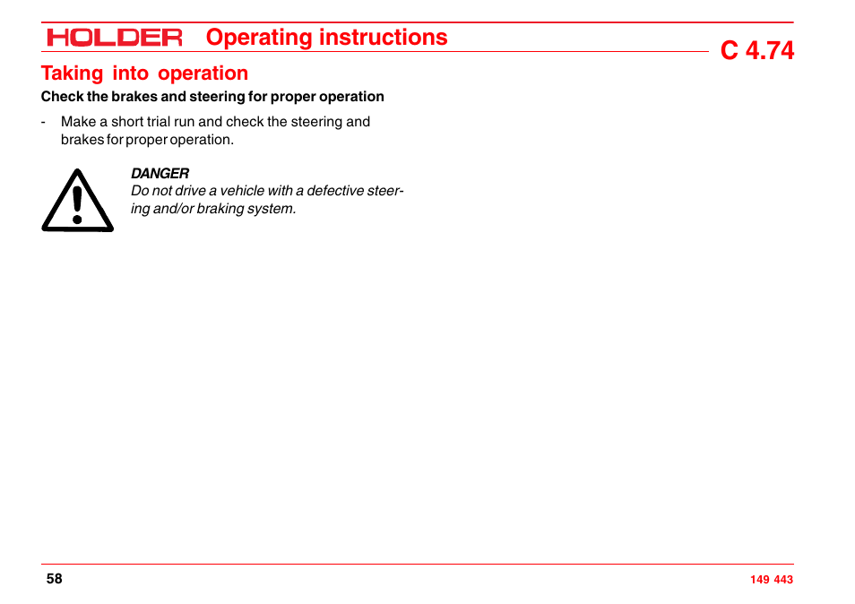 Before starting to drive, Operation, C 4.74 | Operating instructions | Holder C-Trac 4.74 User Manual | Page 59 / 211