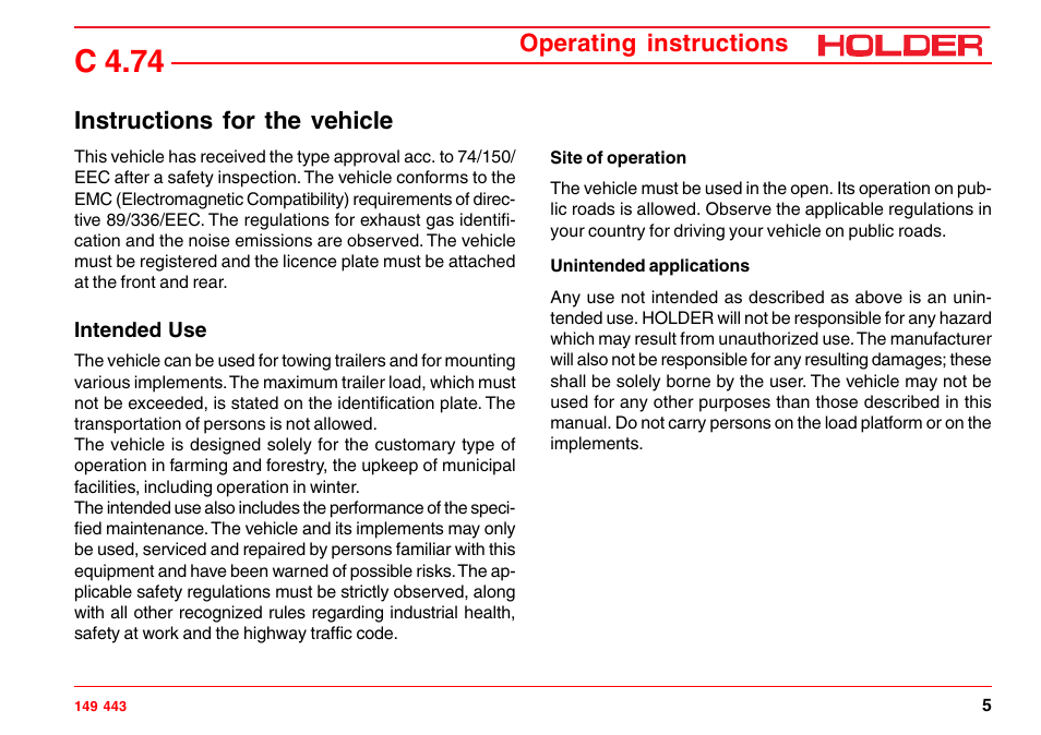 Notes on disposal of vehicle, Residual hazards and risks, C 4.74 | Holder C-Trac 4.74 User Manual | Page 6 / 211