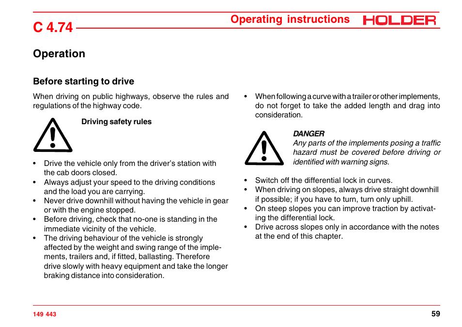 Driving, C 4.74, Operating instructions operation | Holder C-Trac 4.74 User Manual | Page 60 / 211
