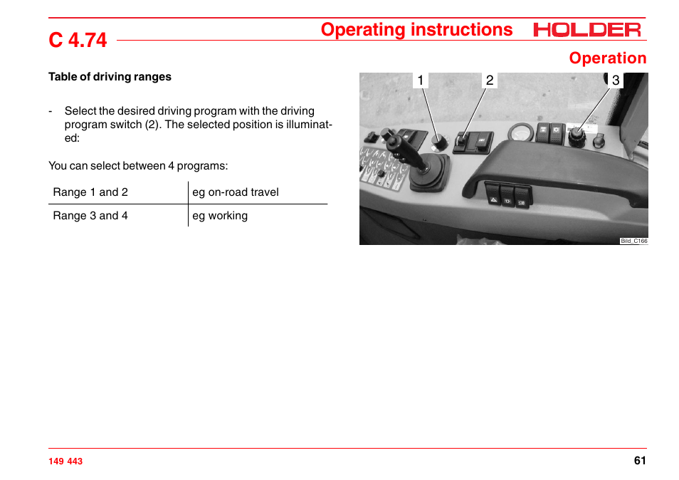 Table of driving programs, C 4.74, Operating instructions | Operation | Holder C-Trac 4.74 User Manual | Page 62 / 211