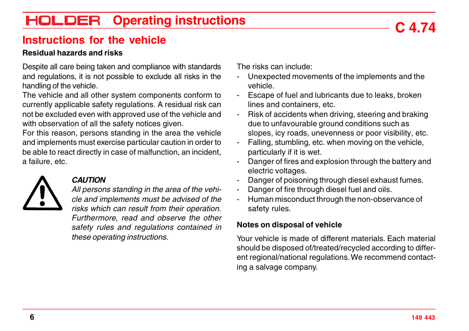 Driver's licence, Driver's licence classes, Operating instructions | C 4.74, Instructions for the vehicle | Holder C-Trac 4.74 User Manual | Page 7 / 211