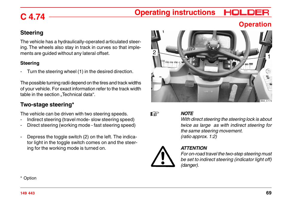 Applying the parking brake, Applying the service brake, Brakes | C 4.74, Operating instructions, Operation | Holder C-Trac 4.74 User Manual | Page 70 / 211