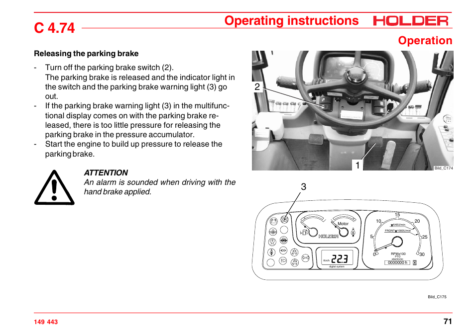 Driving on slopes, C 4.74, Operating instructions | Operation | Holder C-Trac 4.74 User Manual | Page 72 / 211