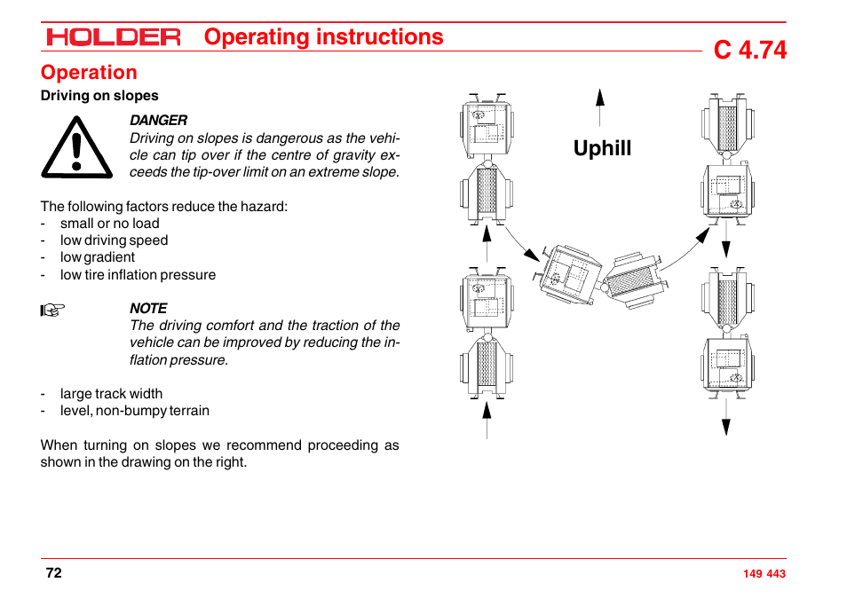 Removal of hydraulic oil for stationary operation, Special operating instructions, Stationary operation | C 4.74, Operating instructions, Uphill, Operation | Holder C-Trac 4.74 User Manual | Page 73 / 211