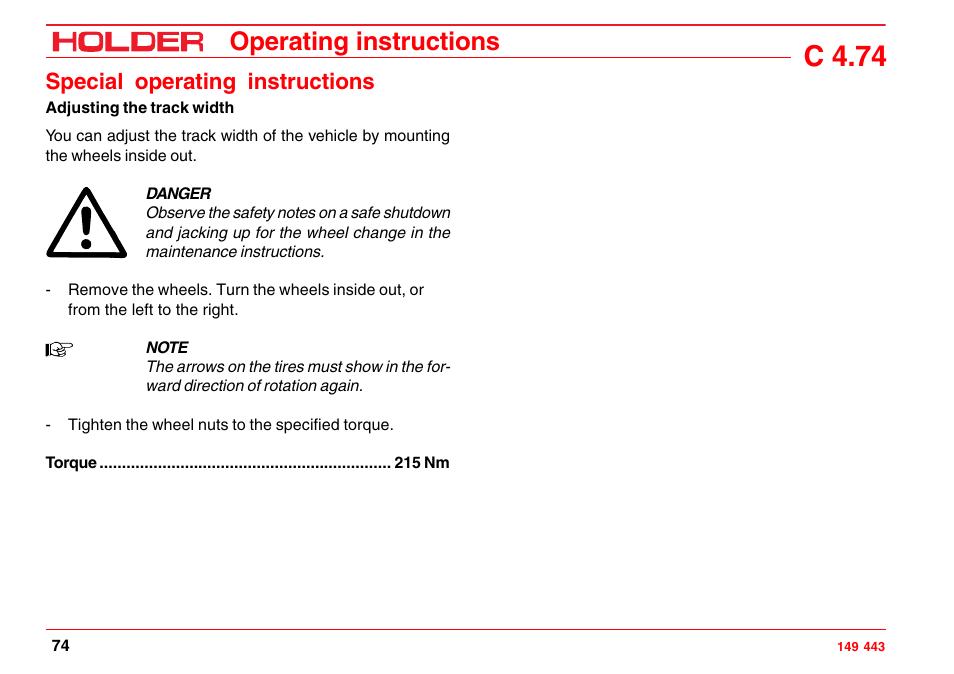 Ballast weights, Engine oil for winter operation, Hydraulic system | Oil preheating, Operation in winter, Putting on snow chains, Winter diesel fuel, C 4.74, Operating instructions, Special operating instructions | Holder C-Trac 4.74 User Manual | Page 75 / 211