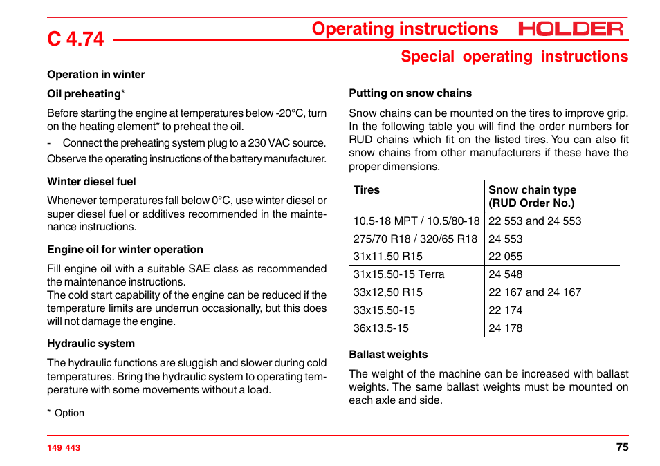 C 4.74, Operating instructions, Special operating instructions | Holder C-Trac 4.74 User Manual | Page 76 / 211