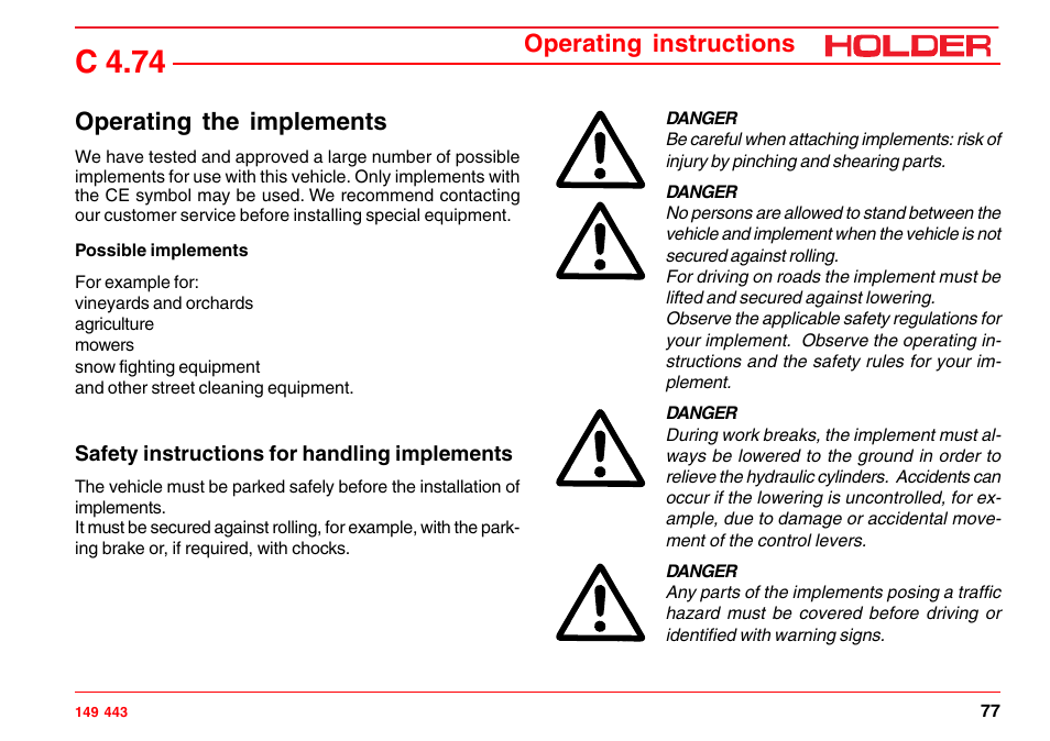 Additional information on implements, C 4.74, Operating instructions operating the implements | Holder C-Trac 4.74 User Manual | Page 78 / 211