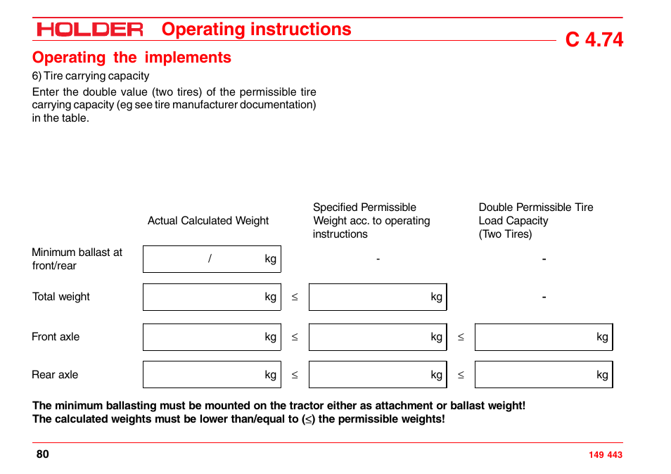 Attaching implements, C 4.74, Operating instructions | Operating the implements | Holder C-Trac 4.74 User Manual | Page 81 / 211