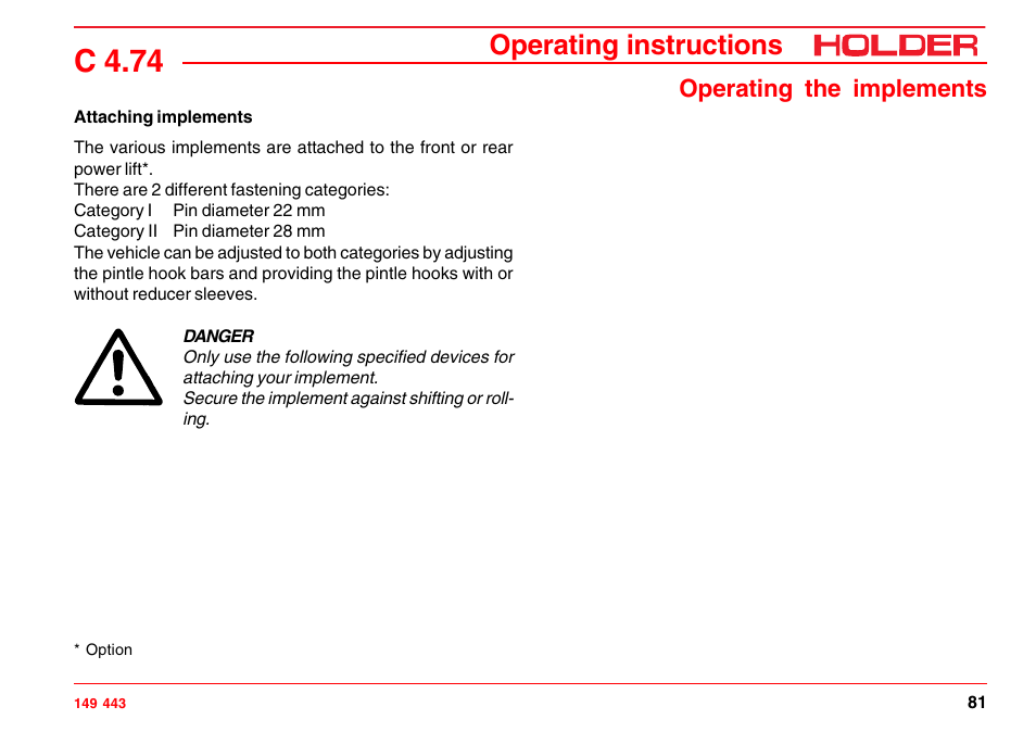 Adjusting the length of the pintle hook bar, Adjusting the pintle hooks and pintle hook bars, C 4.74 | Operating instructions, Operating the implements | Holder C-Trac 4.74 User Manual | Page 82 / 211