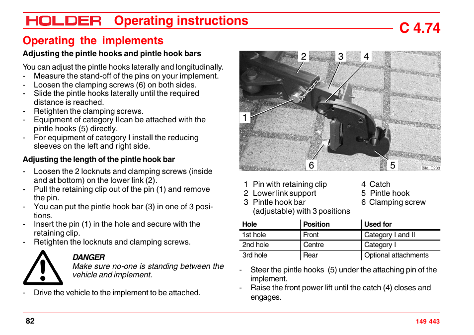 Adjusting the upper link, C 4.74, Operating instructions | Operating the implements | Holder C-Trac 4.74 User Manual | Page 83 / 211