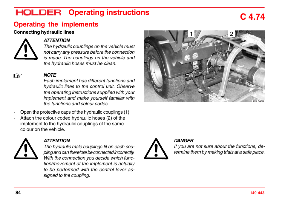Installing the cardan shafts, Removing implements, C 4.74 | Operating instructions, Operating the implements | Holder C-Trac 4.74 User Manual | Page 85 / 211