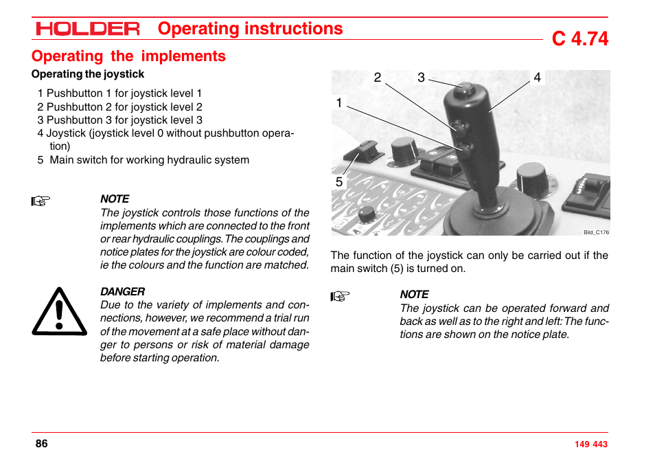 Joystick operation, C 4.74, Operating instructions | Operating the implements | Holder C-Trac 4.74 User Manual | Page 87 / 211