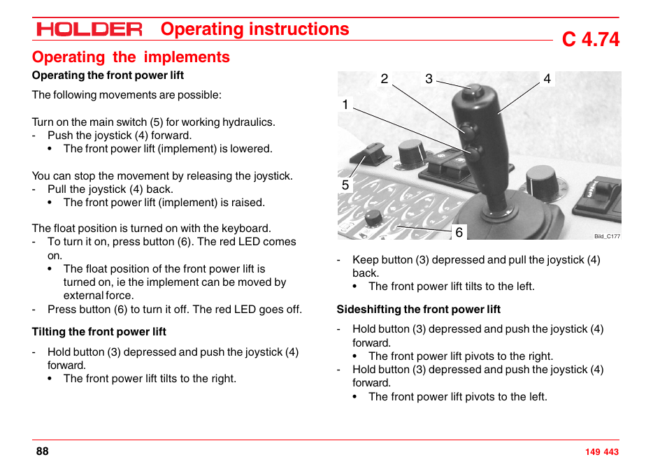 Operating the front power lift with keyboard, C 4.74, Operating instructions | Operating the implements | Holder C-Trac 4.74 User Manual | Page 89 / 211