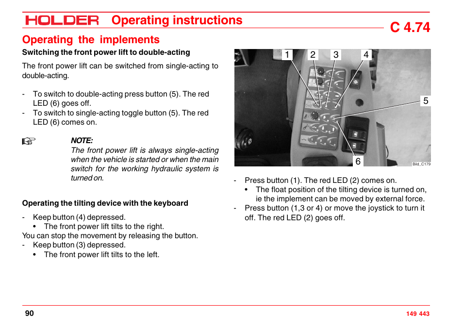 Operating the sideshift with the keyboard, Transport safety, C 4.74 | Operating instructions, Operating the implements | Holder C-Trac 4.74 User Manual | Page 91 / 211