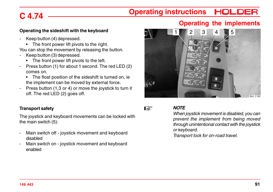 External operation of the front power lift, C 4.74, Operating instructions | Operating the implements | Holder C-Trac 4.74 User Manual | Page 92 / 211