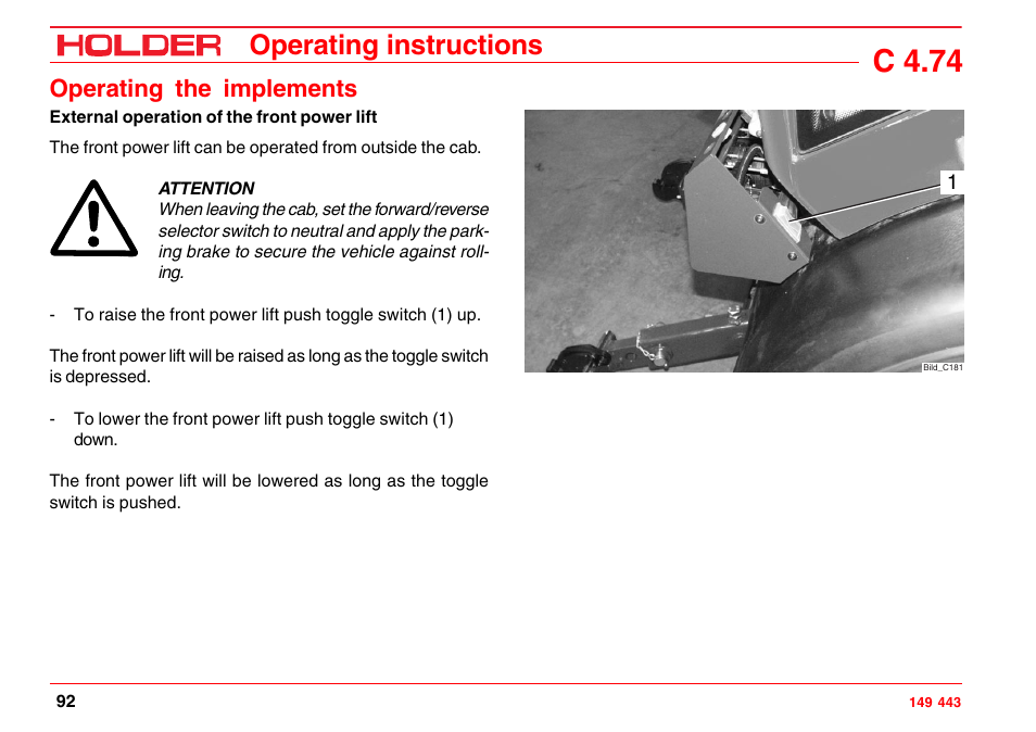 Flow limiter for joystick, Toggle button for float position button, C 4.74 | Operating instructions, Operating the implements | Holder C-Trac 4.74 User Manual | Page 93 / 211