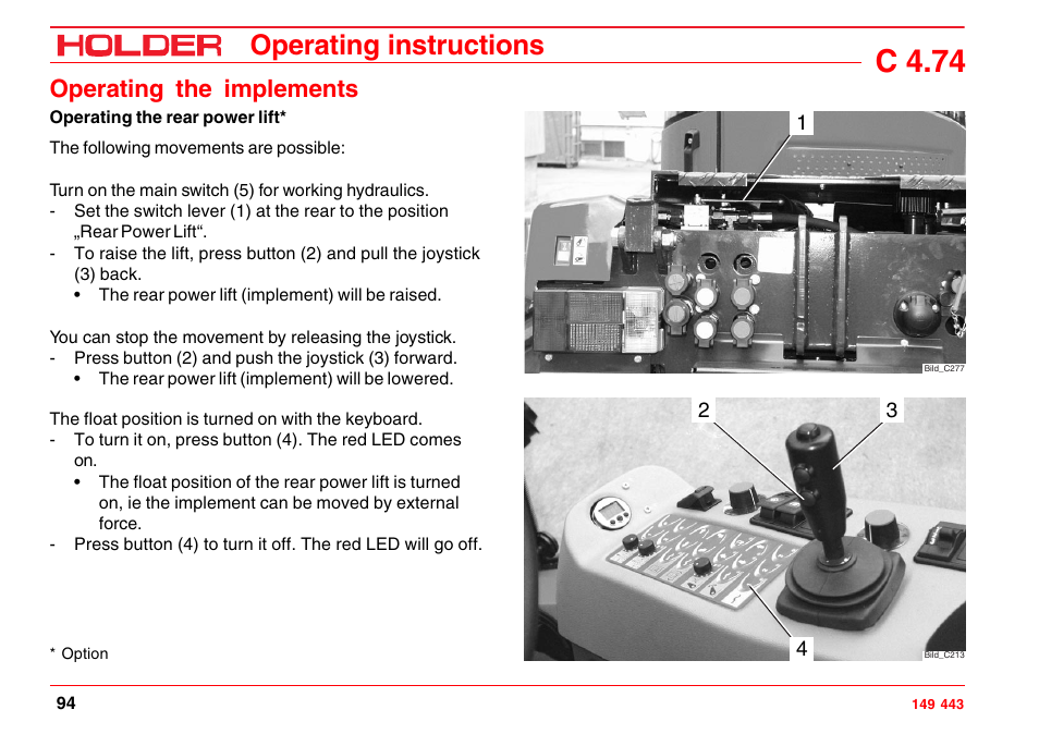 External operation of the rear power lift, C 4.74, Operating instructions | Operating the implements | Holder C-Trac 4.74 User Manual | Page 95 / 211