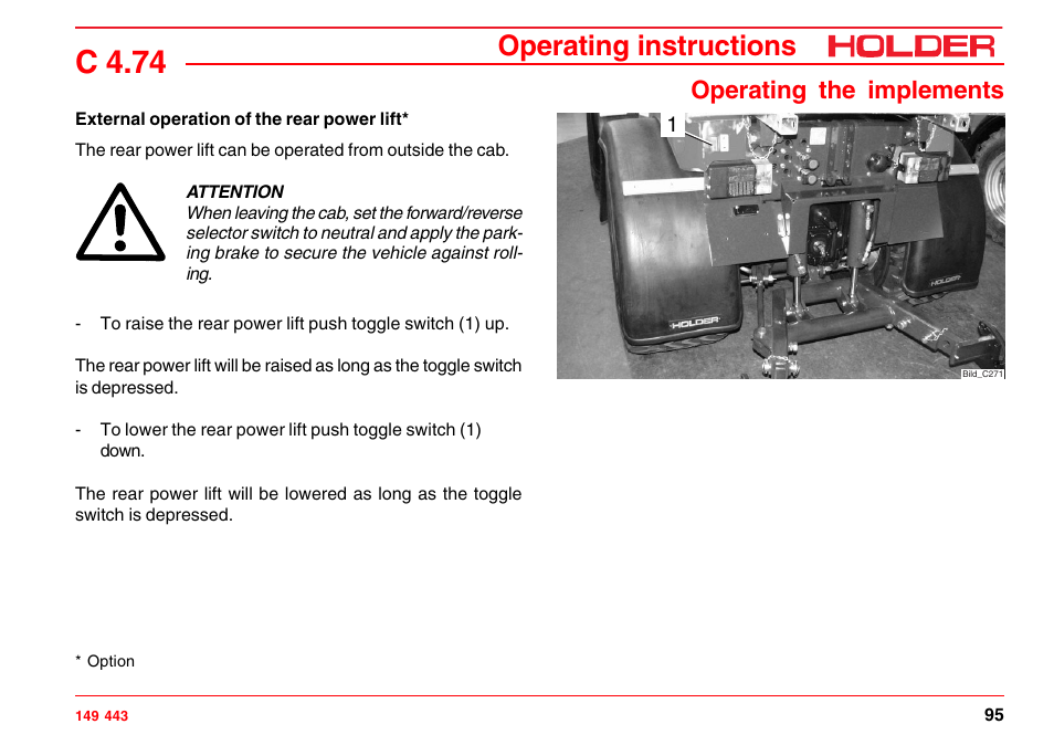 Operating the hydraulic couplings, C 4.74, Operating instructions | Operating the implements | Holder C-Trac 4.74 User Manual | Page 96 / 211