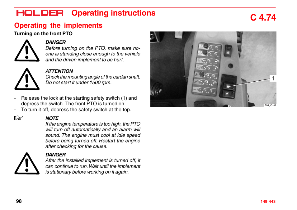 Turning on the rear pto, C 4.74, Operating instructions | Operating the implements | Holder C-Trac 4.74 User Manual | Page 99 / 211