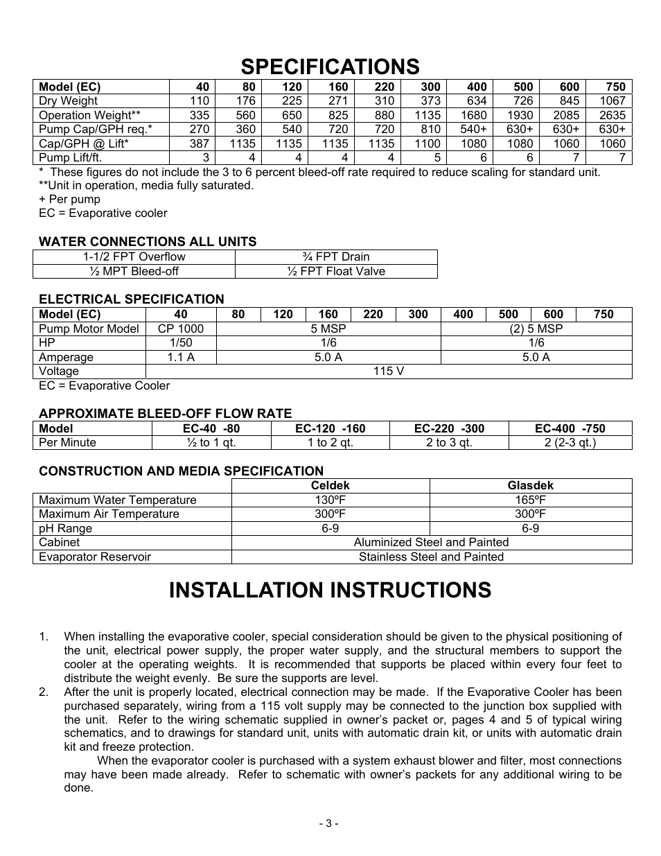 Specifications, Installation instructions | gohastings.com EC-40 User Manual | Page 3 / 8