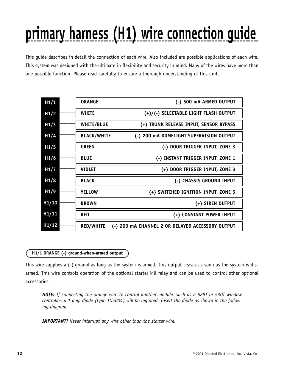 Primary harness (h1) wire connection guide | Hornet Car Security 700T User Manual | Page 12 / 28