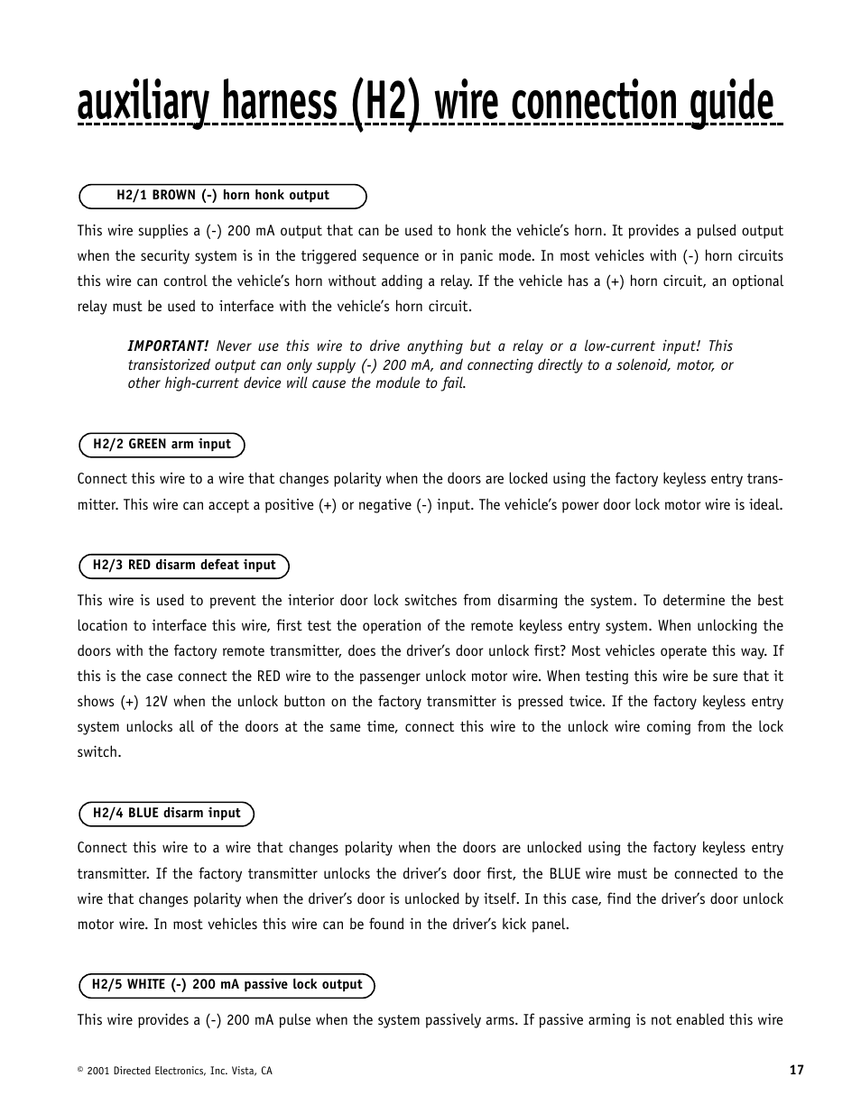 Auxiliary harness (h2) wire connection guide | Hornet Car Security 700T User Manual | Page 17 / 28