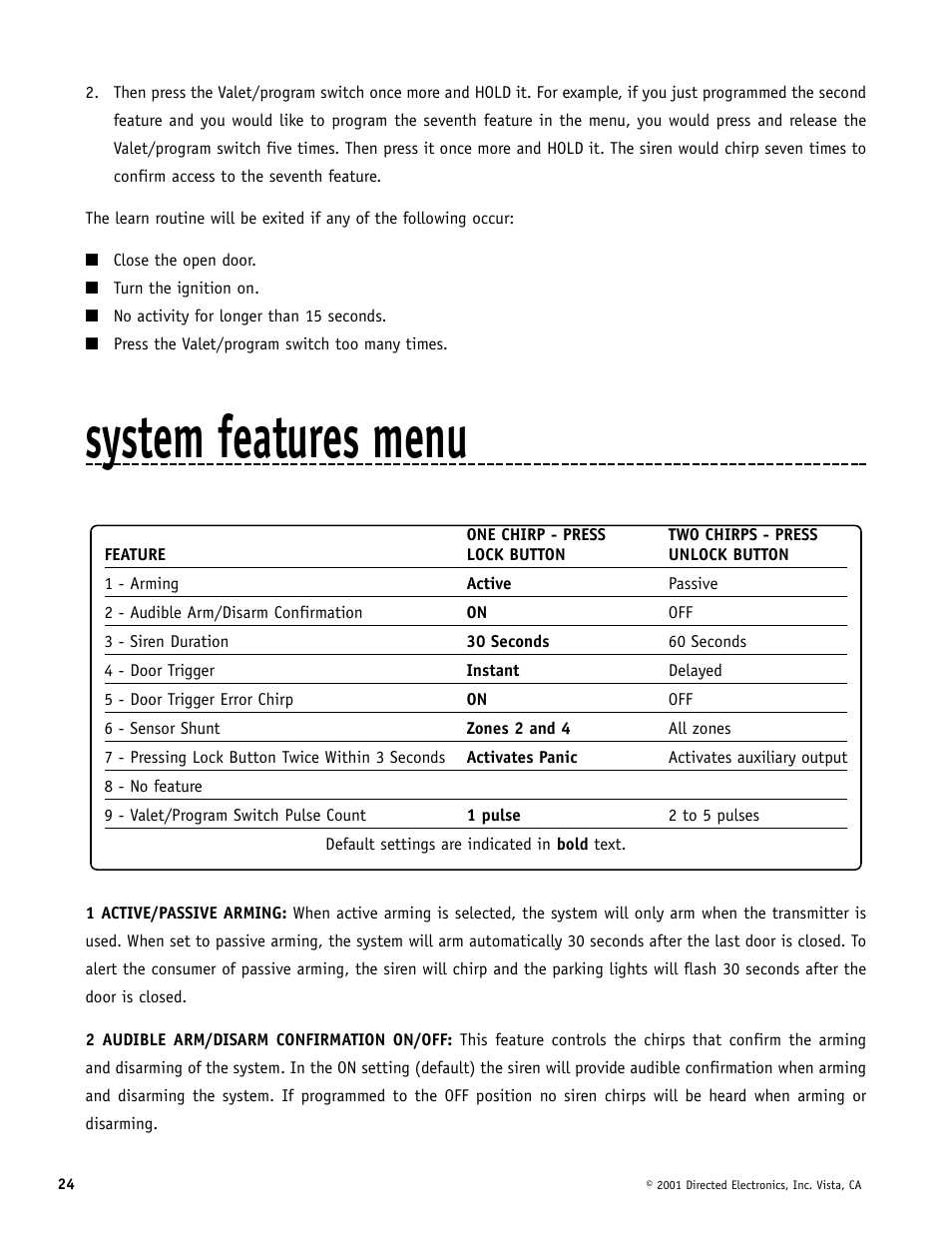 System features menu | Hornet Car Security 700T User Manual | Page 24 / 28