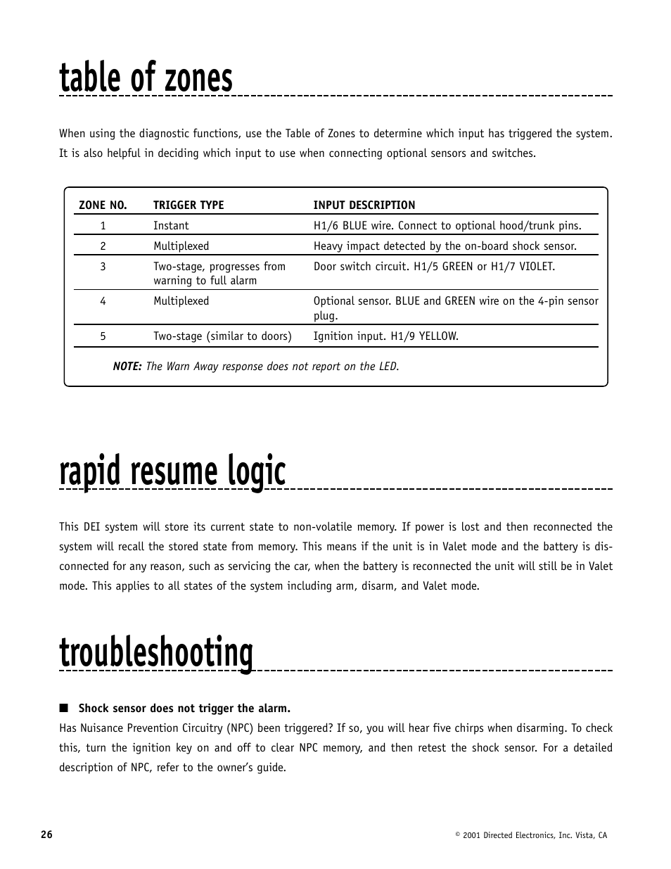 Table of zones, Rapid resume logic, Troubleshooting | Hornet Car Security 700T User Manual | Page 26 / 28